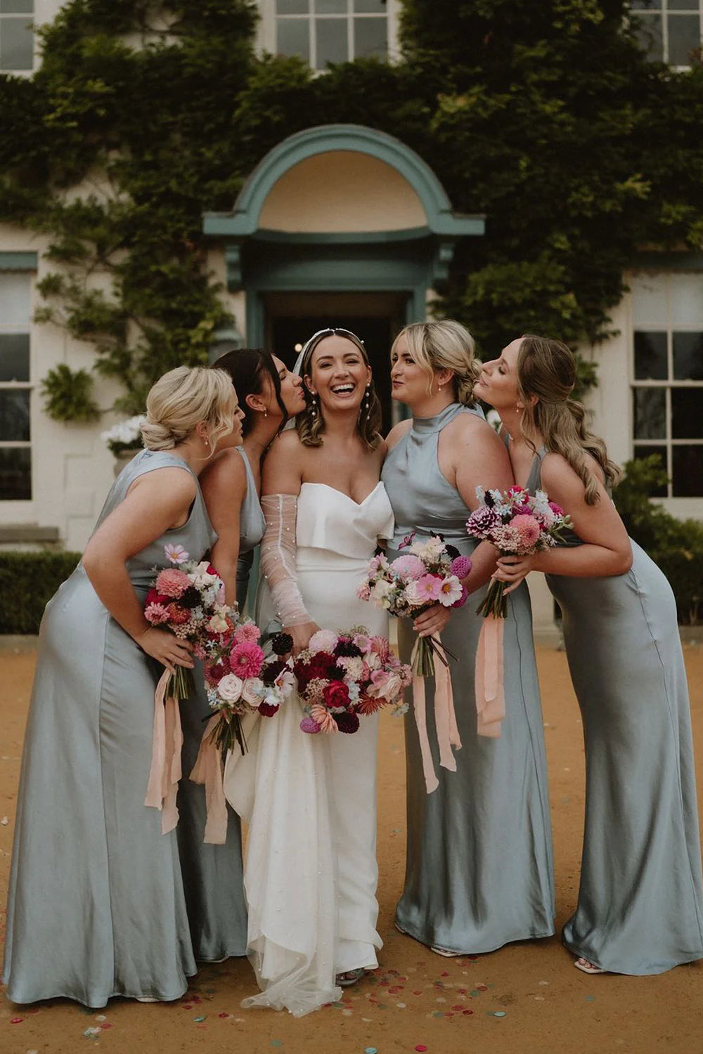 Wedding Dress For Guest/Elegant Sheath Halter Dusty Grey Blue Long Bridesmaid Dresses/Formal Wear Dresses