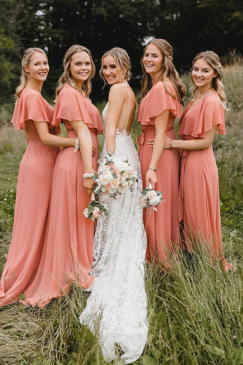 Wedding Dress For Guest/Simple A-Line Coral Chiffon Long Bridesmaid Dresses/Formal Wear Dresses