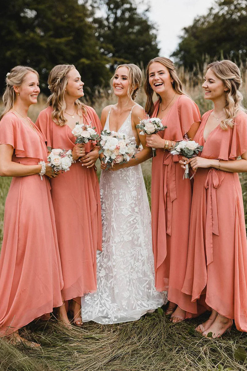 Wedding Dress For Guest/Simple A-Line Coral Chiffon Long Bridesmaid Dresses/Formal Wear Dresses