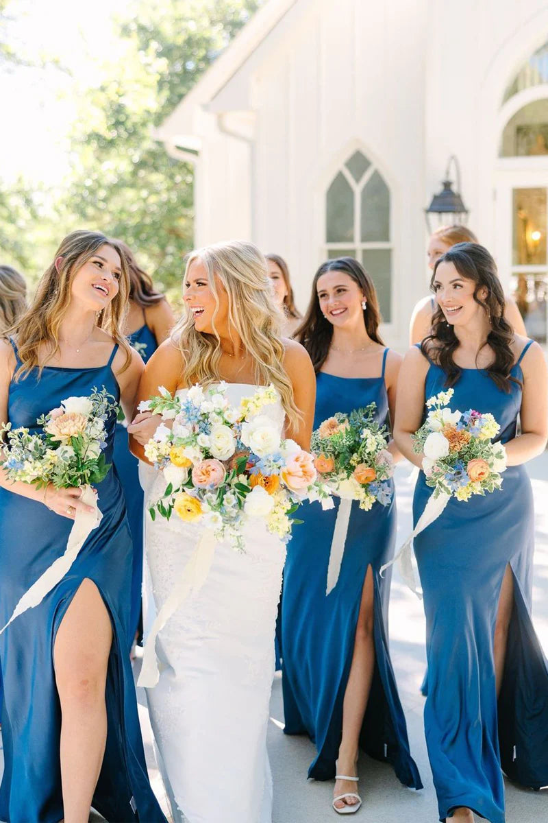 Wedding Dress For Guest/Simple Mermaid Spaghetti Straps Blue Long Bridesmaid Dresses with Bow Back/Formal Wear Dresses
