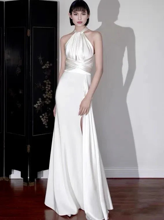 Robe de soirée longue en satin blanc pour femme, coupe trapèze, col licou, robe de mariée, robe de bal, boutique de robes de bal 