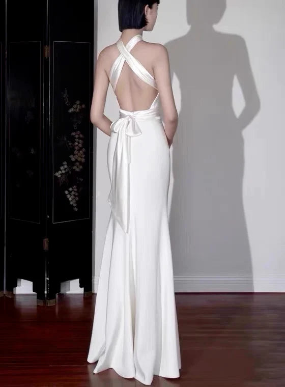 Robe de soirée longue en satin blanc pour femme, coupe trapèze, col licou, robe de mariée, robe de bal, boutique de robes de bal 