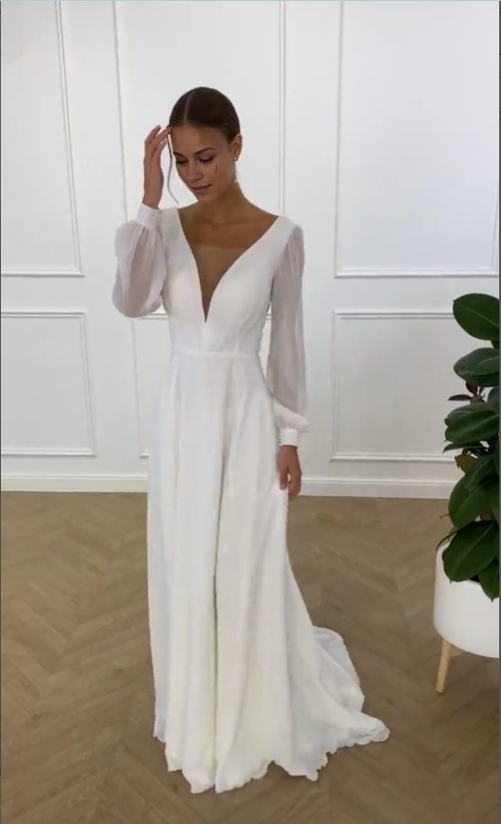 Wedding Dress Puff Long Sleeve Beach Wedding Dress Reception Backless Wedding Dress A-line Bride Dress