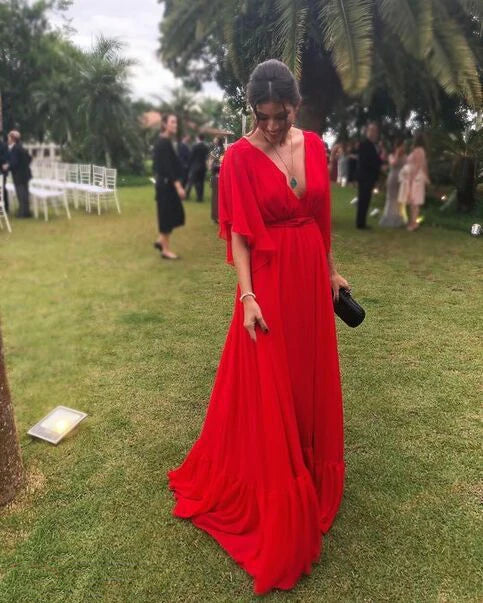 Robes de soirée Weitese élégantes à col en V et manches mi-longues, coupe trapèze, robe de soirée longue, robe d'invitée de mariage, robes de bal, robes formelles pour femmes 