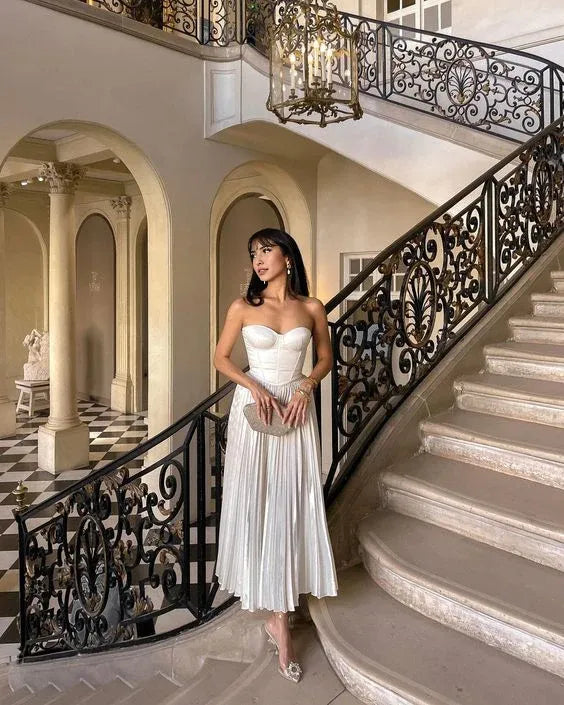 Weitese Formal Wear Dresses White Sweetheart Strapless Pleats Long Prom Dress Wedding Guest Dress Prom Dresses Shops Formal Women's Dresses