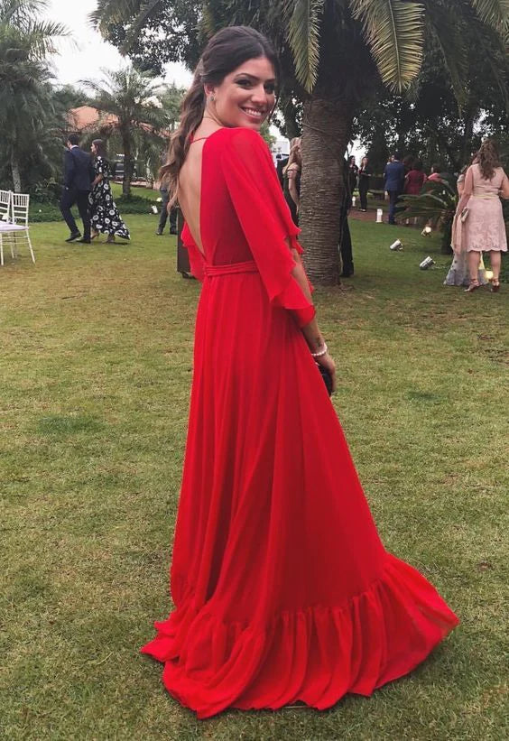 Robes de soirée Weitese élégantes à col en V et manches mi-longues, coupe trapèze, robe de soirée longue, robe d'invitée de mariage, robes de bal, robes formelles pour femmes 
