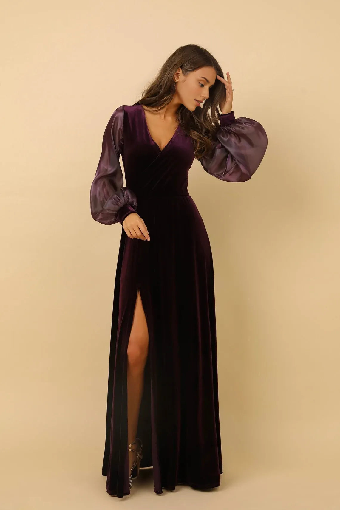 Wedding Dress Velvet Dress Slit Dress Long Sleeve Maxi Dress Bridal Attire Elegant Evening Dress