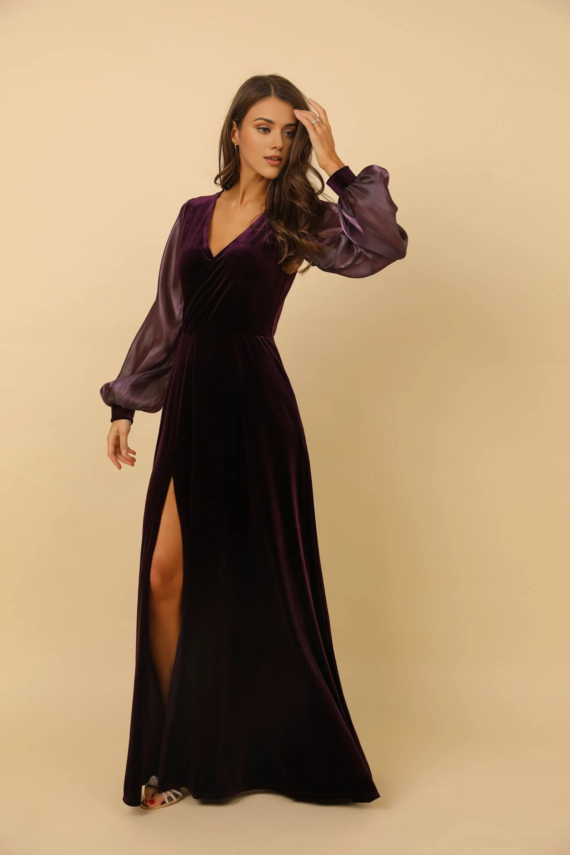 Wedding Dress Velvet Dress Slit Dress Long Sleeve Maxi Dress Bridal Attire Elegant Evening Dress