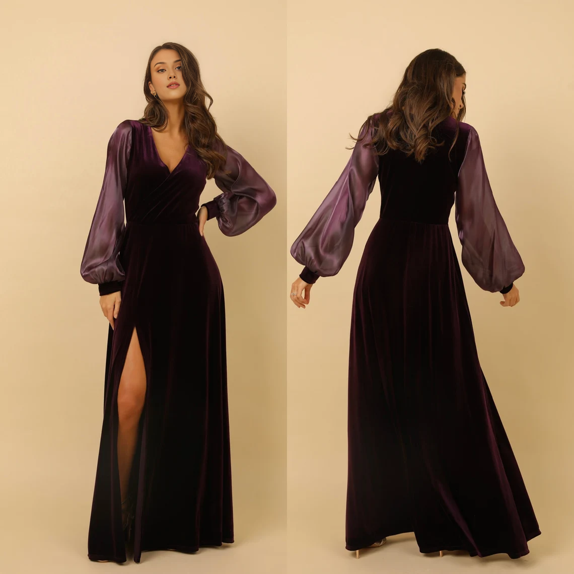 Wedding Dress Velvet Dress Slit Dress Long Sleeve Maxi Dress Bridal Attire Elegant Evening Dress