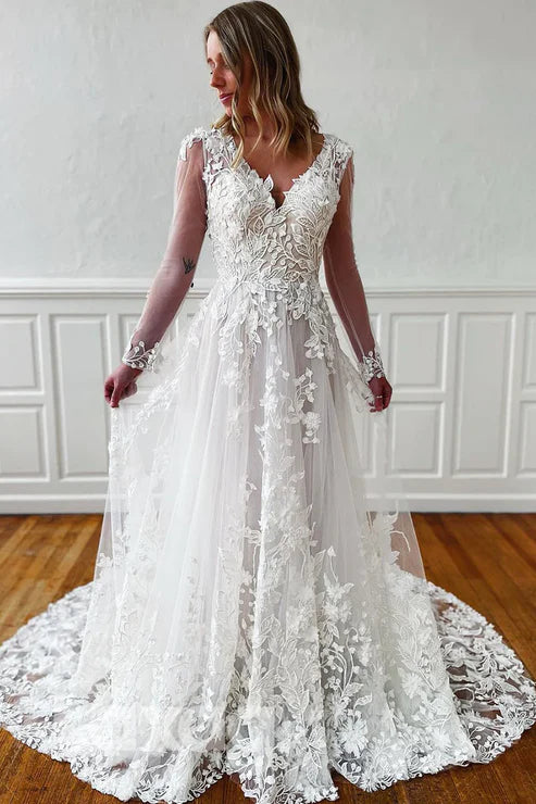 Robe de mariée en dentelle à manches longues et col en V profond avec traîne