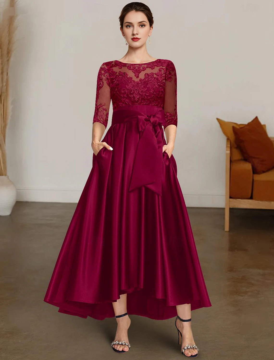 Weitese Dress Formal Women's Dresses A-Line Chrismas Dress Mother of the Bride Dress Formal Wedding Guest Elegant High Low Bateau Neck Asymmetrical Satin Lace 3/4 Length Sleeve with Lace Sash / Ribbon Party dress Prom Dress Stores