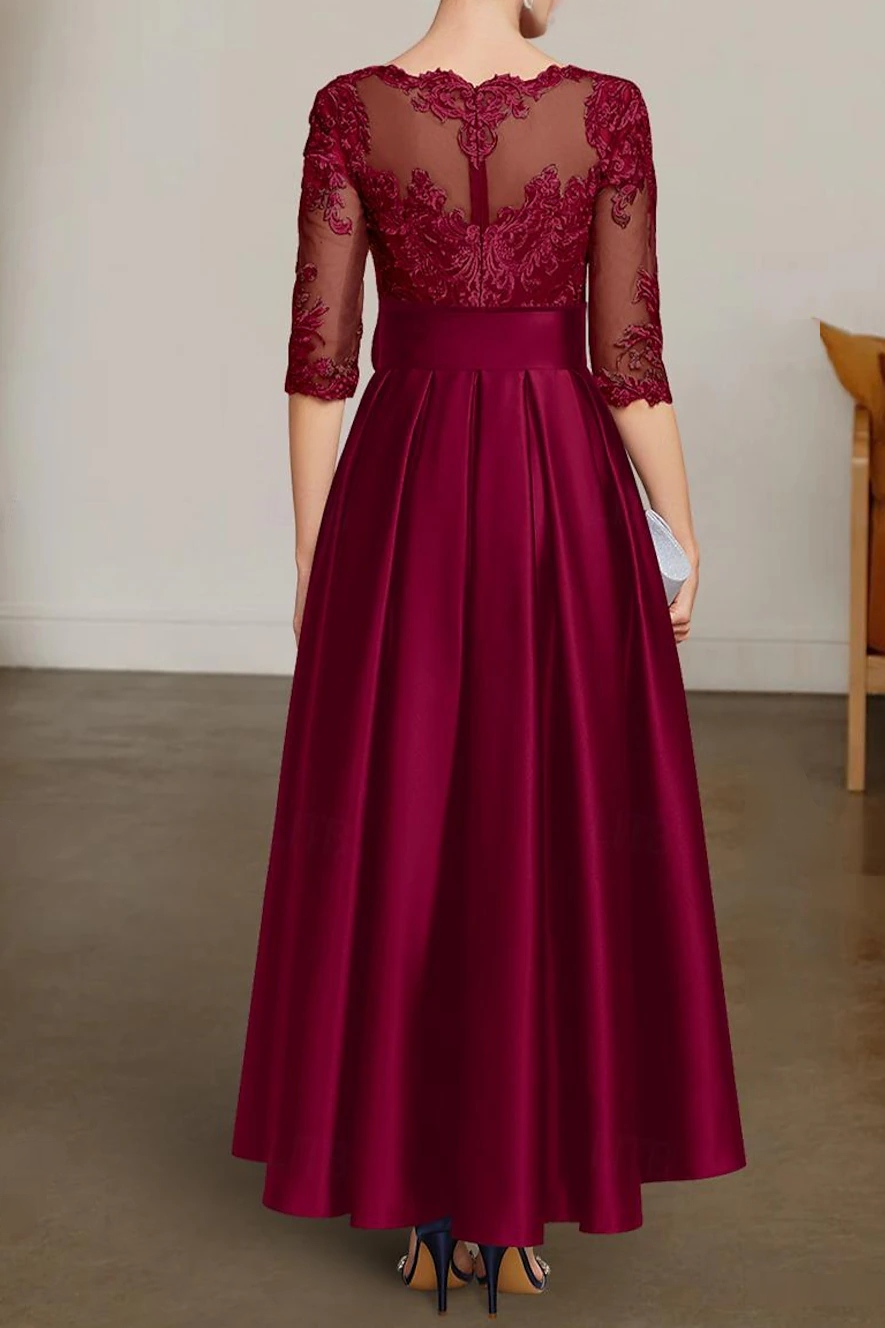 Weitese Dress Formal Women's Dresses A-Line Chrismas Dress Mother of the Bride Dress Formal Wedding Guest Elegant High Low Bateau Neck Asymmetrical Satin Lace 3/4 Length Sleeve with Lace Sash / Ribbon Party dress Prom Dress Stores