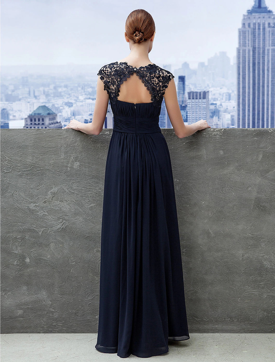Side view of Weitese A-Line Empire Chiffon Gown with ruched lace detail.
