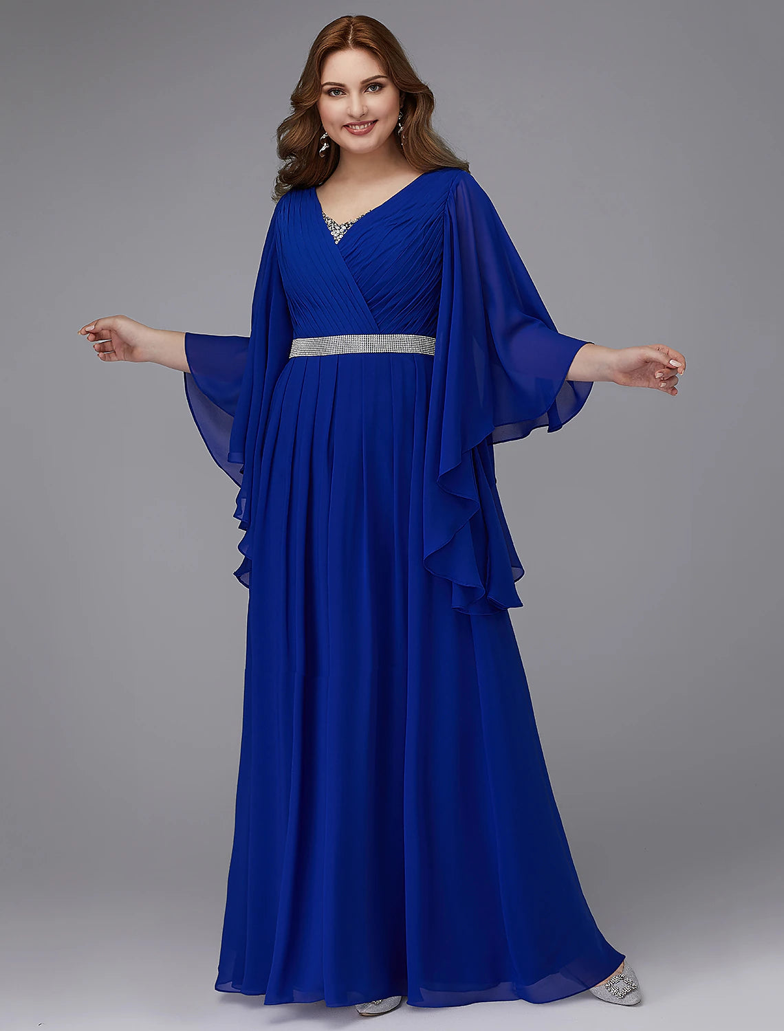 Weitese A-Line plus size formal gown with V-neck and long sleeves.