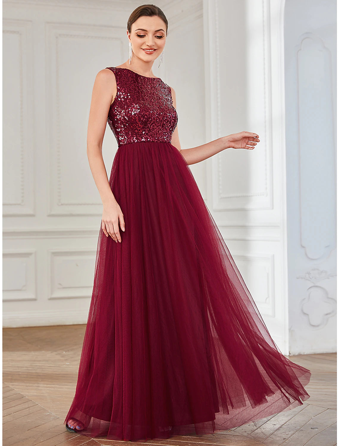 Close-up of the sequin and tulle fabric on the Weitese dress.