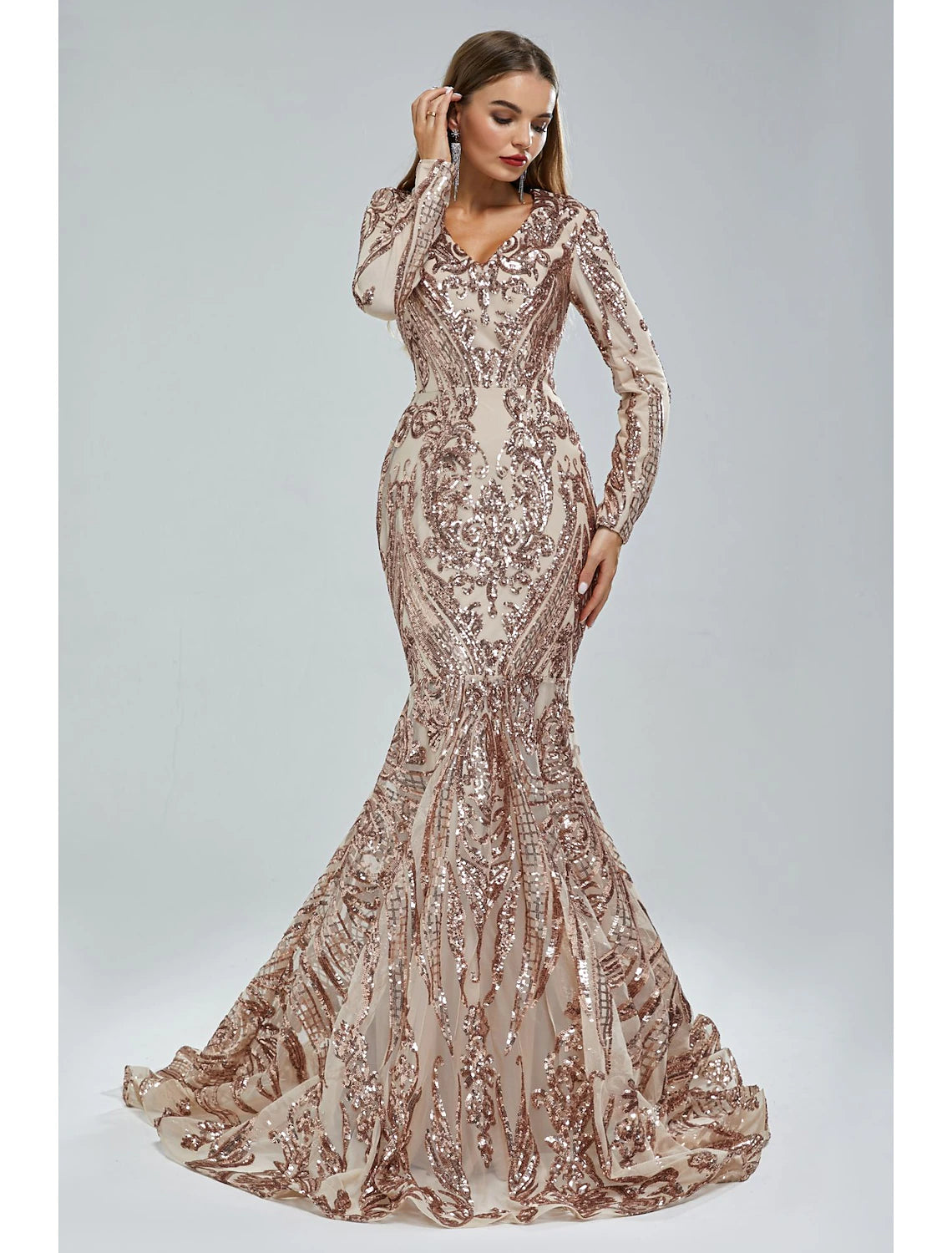 Close-up of the V-neckline and intricate sequin lace detail on the Weitese evening gown.