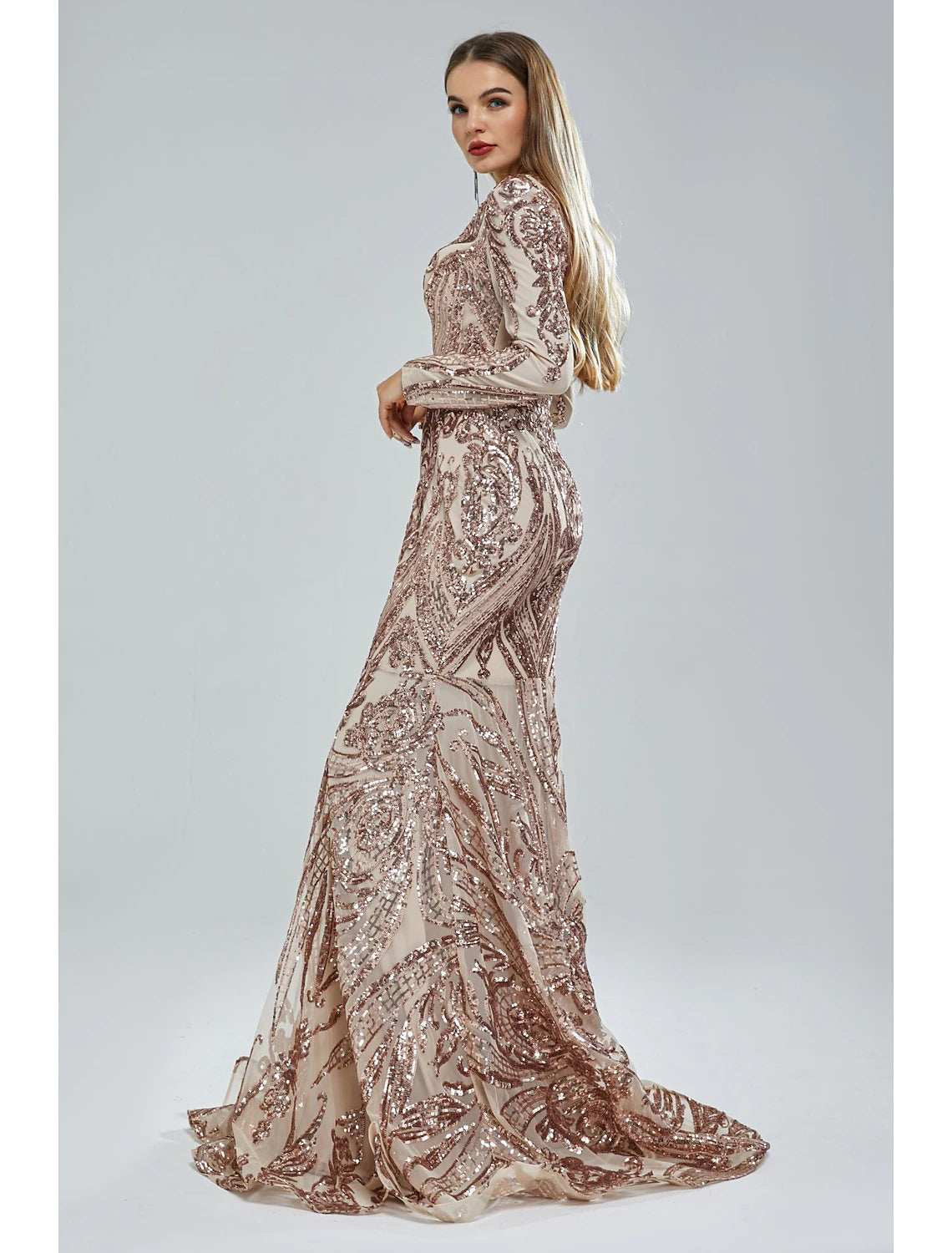 Back view of the Weitese mermaid trumpet evening gown, highlighting the court train.