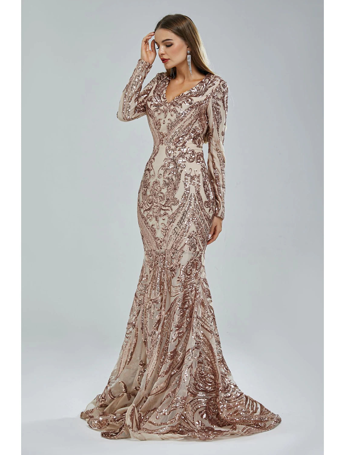 Full-length view of the Weitese dazzling sequin lace mermaid trumpet evening gown.