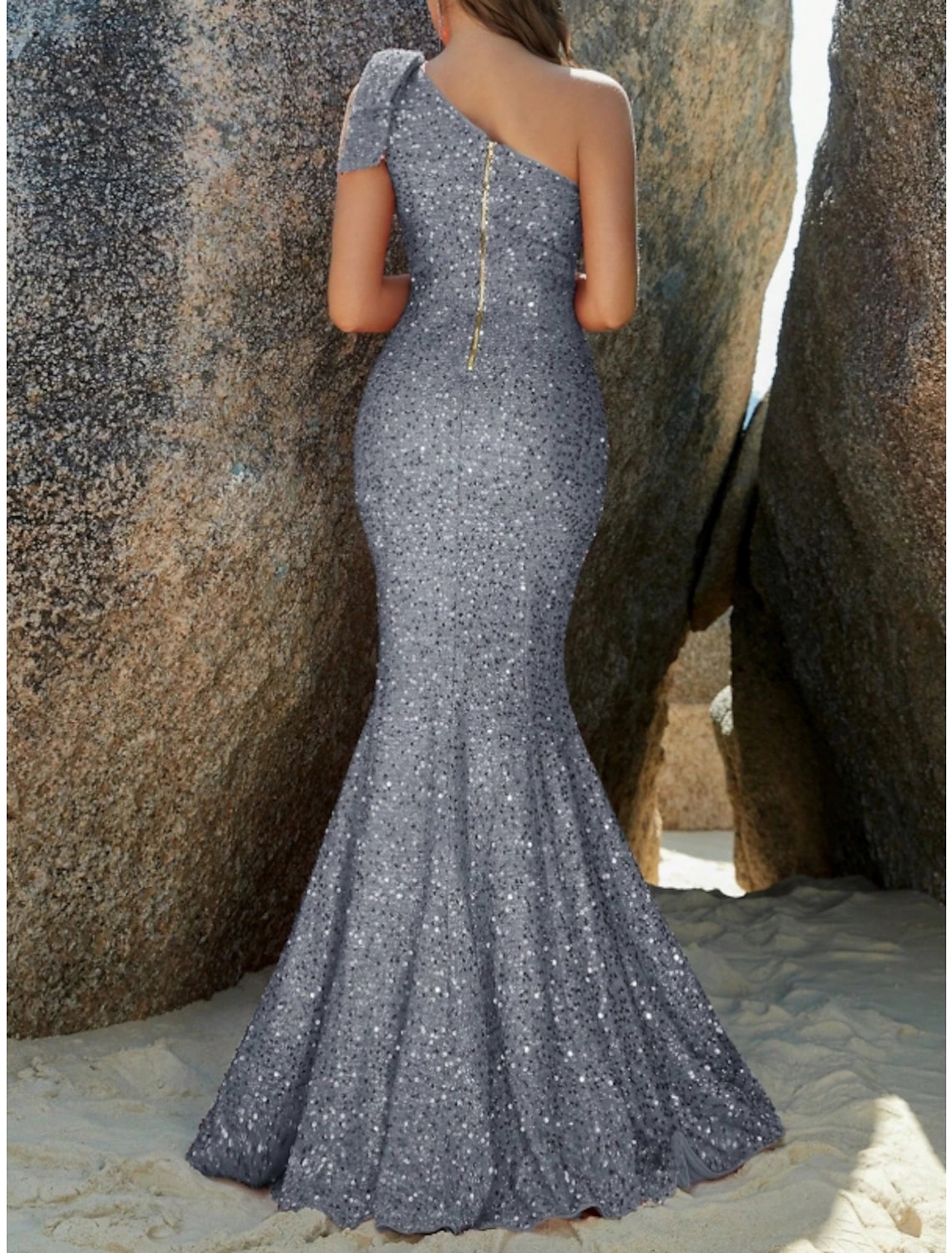 Back view of Weitese Mermaid Trumpet Evening Gown with Sweep Train.