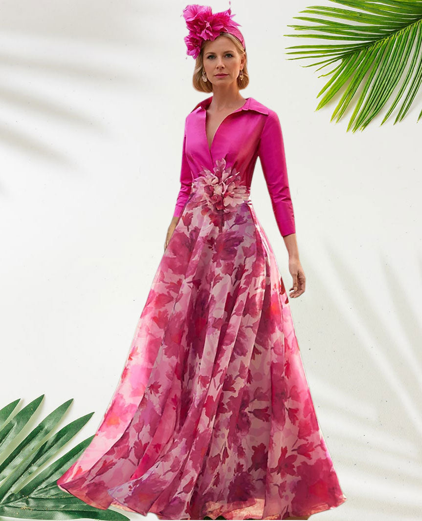 Weitese Dress A-Line Beach Wedding Elegant Shirt Collar Floor Length Chiffon 3/4 Length Sleeve With Flower Wedding Guest Dress Mother of the Bride Dress