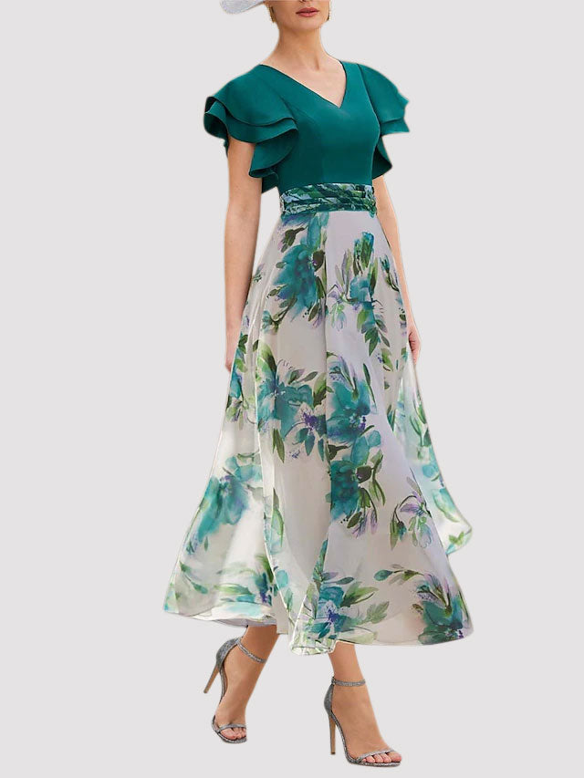 Weitese Dress A-Line Mermaid Beach Wedding Party V Neck Floor Length Ankle Length Chiffon Half Sleeve With Sash / Ribbon Ruched Cascading Ruffles Wedding Guest Dress Mother of the Bride Dress