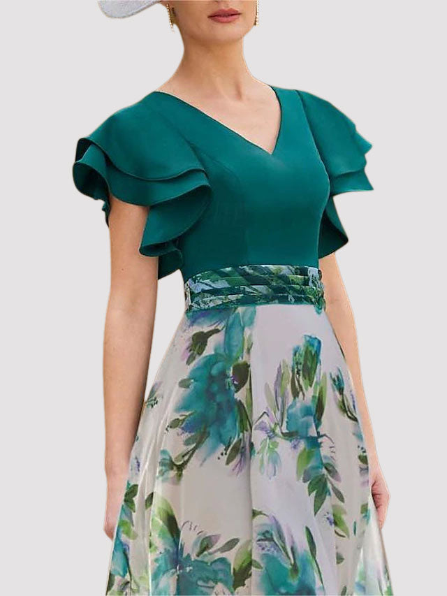 Weitese Dress A-Line Mermaid Beach Wedding Party V Neck Floor Length Ankle Length Chiffon Half Sleeve With Sash / Ribbon Ruched Cascading Ruffles Wedding Guest Dress Mother of the Bride Dress