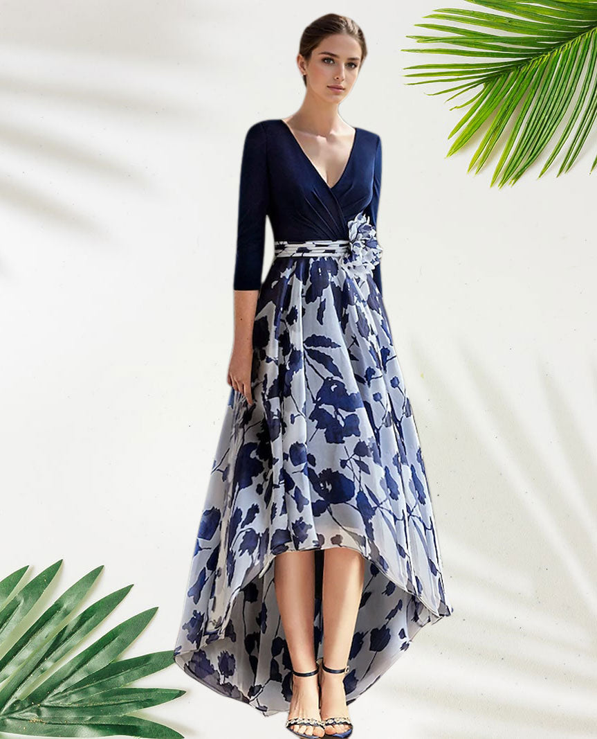 Weitese Dress Beach Wedding A-Line Formal Wedding Guest Elegant Vintage V Neck Floor Length Tea Length Chiffon 3/4 Length Sleeve With Flower Wedding Guest Dress Mother of the Bride Dress