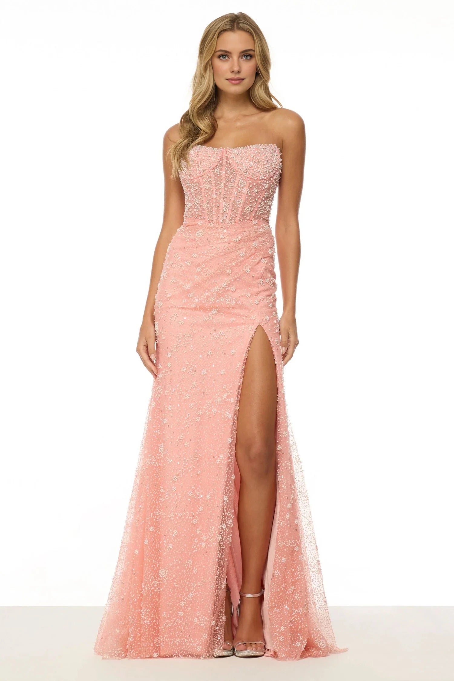 Robe bustier rose pâle Weitese, robe de bal à paillettes haute couture avec fente spectaculaire 