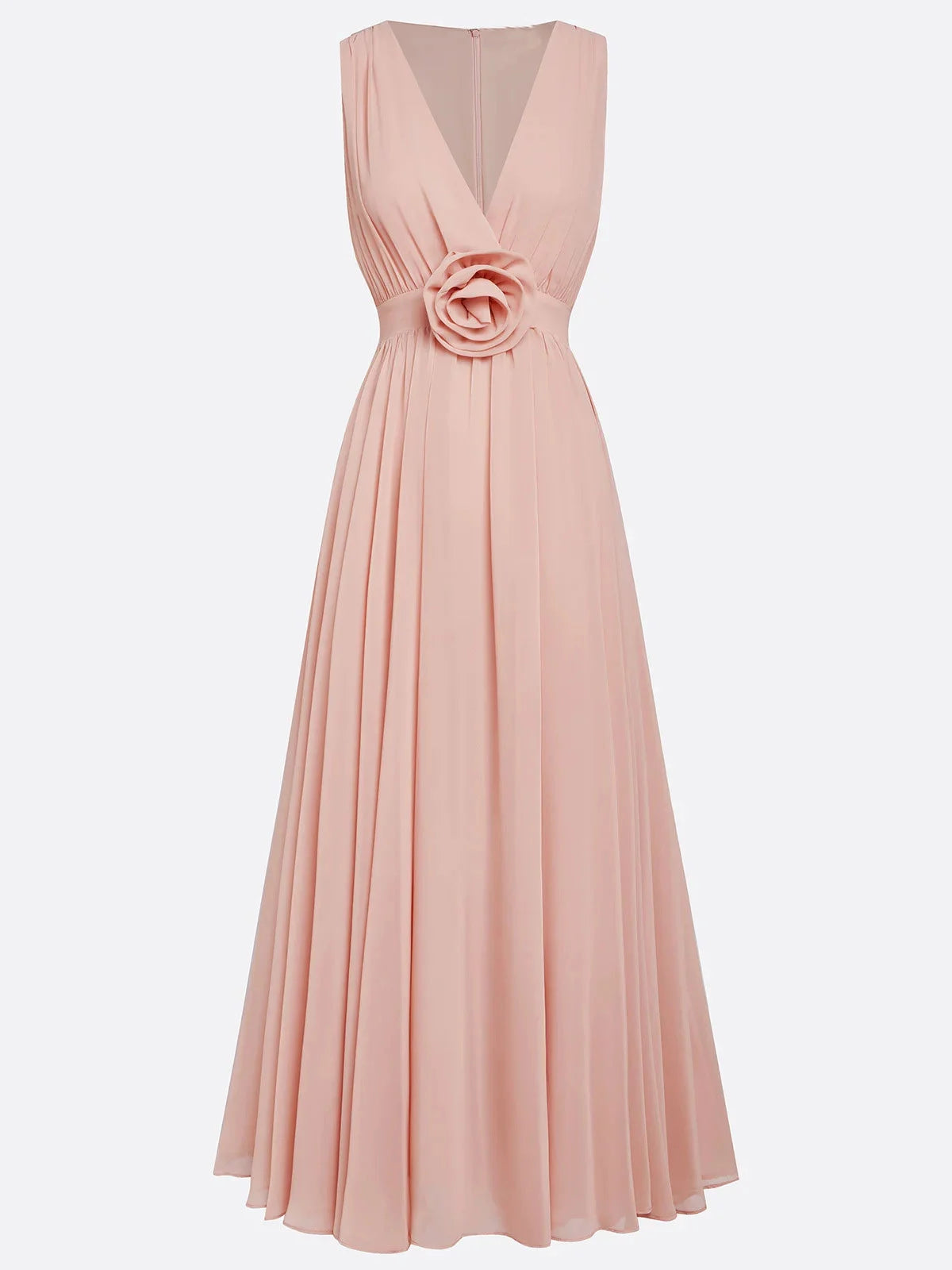 Weitese Dress Elegant Pink 3D Floral Ruched V Neck A-Line Maxi Chiffon Pleats Dress Prom Dress