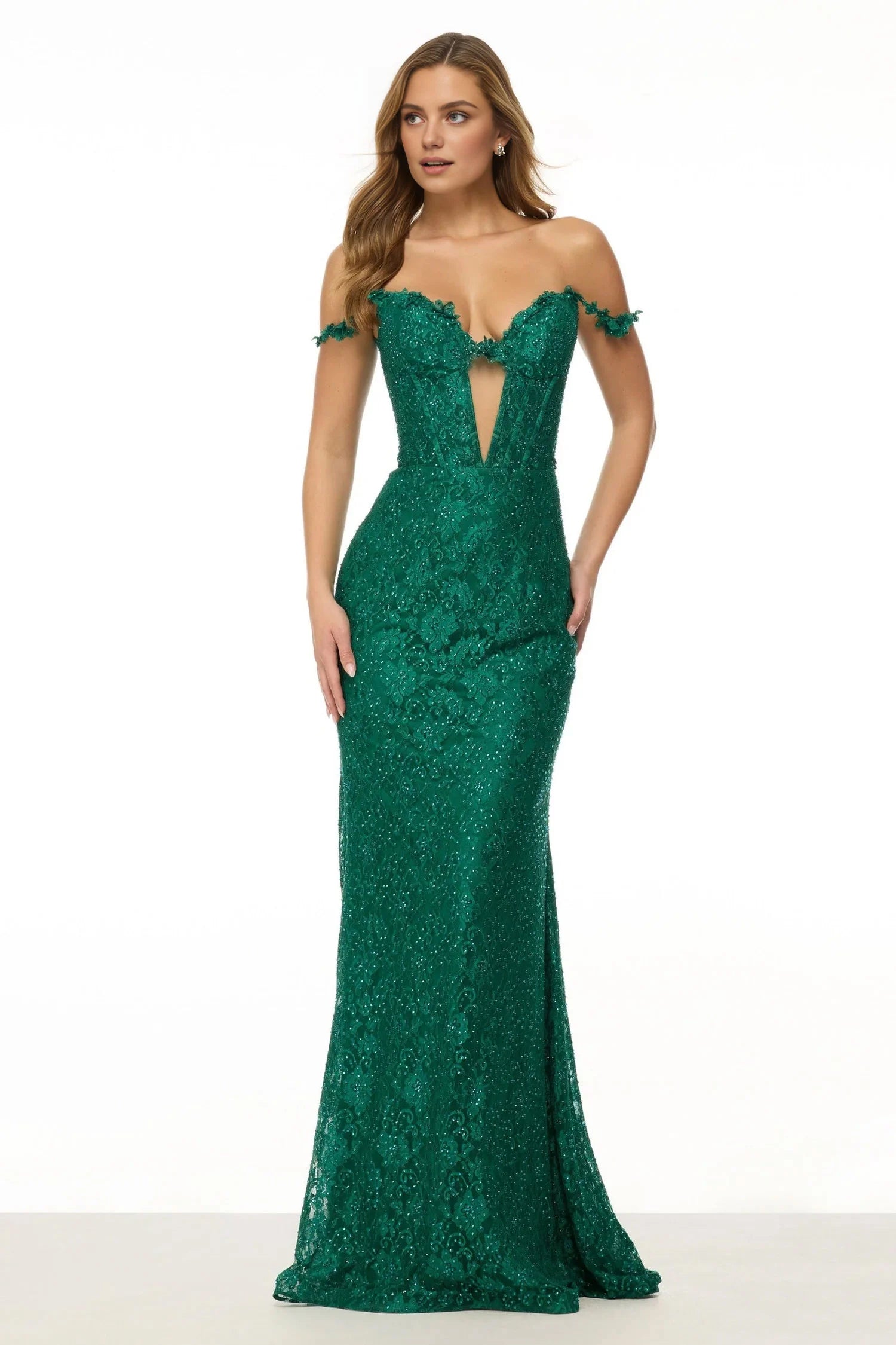 Weitese Dress Emerald Green Sparkle Gown Off - Shoulder Design Plunging V Shaped Bodice Lace Fabric With Rhinestones Delicate Sleeve Accents And A Mermaid Shape Prom Dress