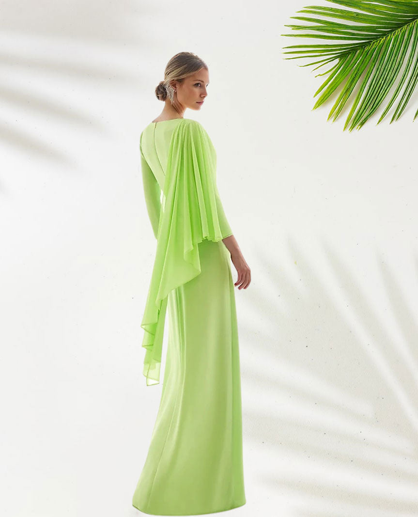 Weitese Dress Green Chiffon A-Line Elegant Wedding Guest Dress Formal Floor Length Long Sleeve V Neck With Slit Evening Dress