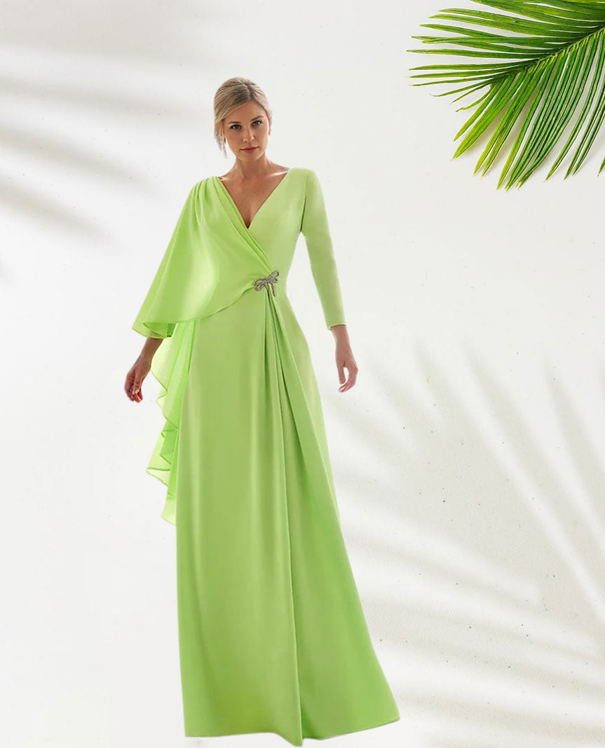 Weitese Dress Green Chiffon A-Line Elegant Wedding Guest Dress Formal Floor Length Long Sleeve V Neck With Slit Evening Dress