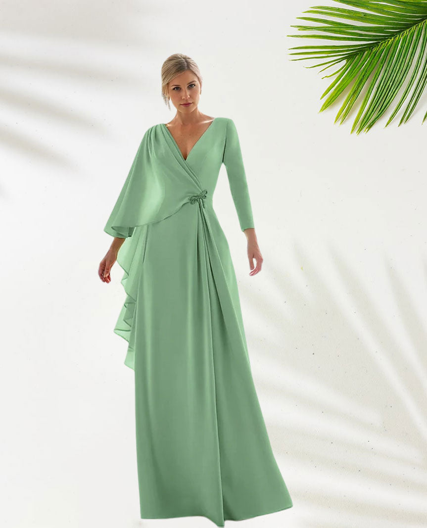 Weitese Dress Green Chiffon A-Line Elegant Wedding Guest Dress Formal Floor Length Long Sleeve V Neck With Slit Evening Dress