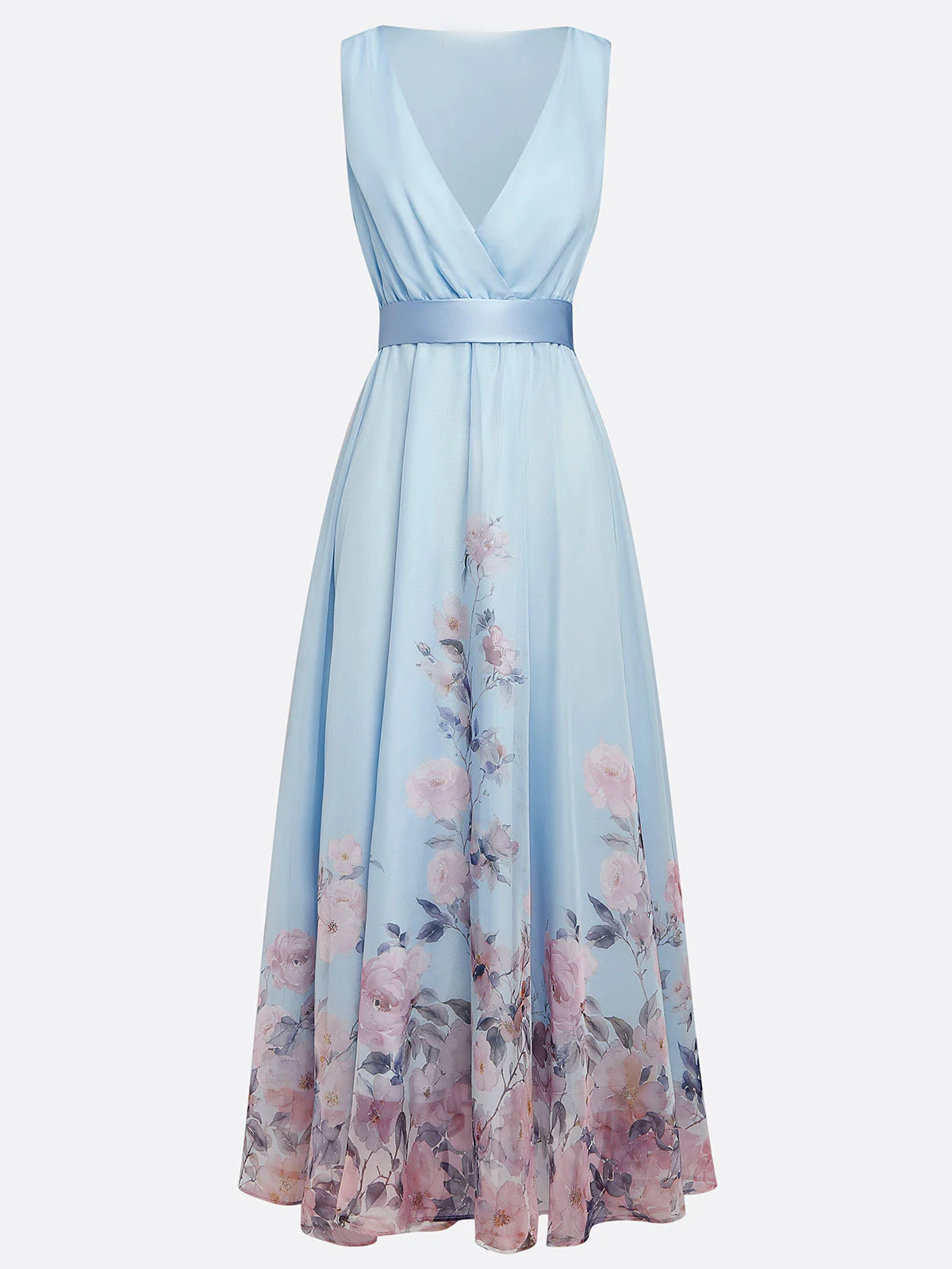 Weitese Dress Light Blue Romantic Floral Chiffon V Neck Sleeveless A-Line Maxi Dress Pleats Prom Dress