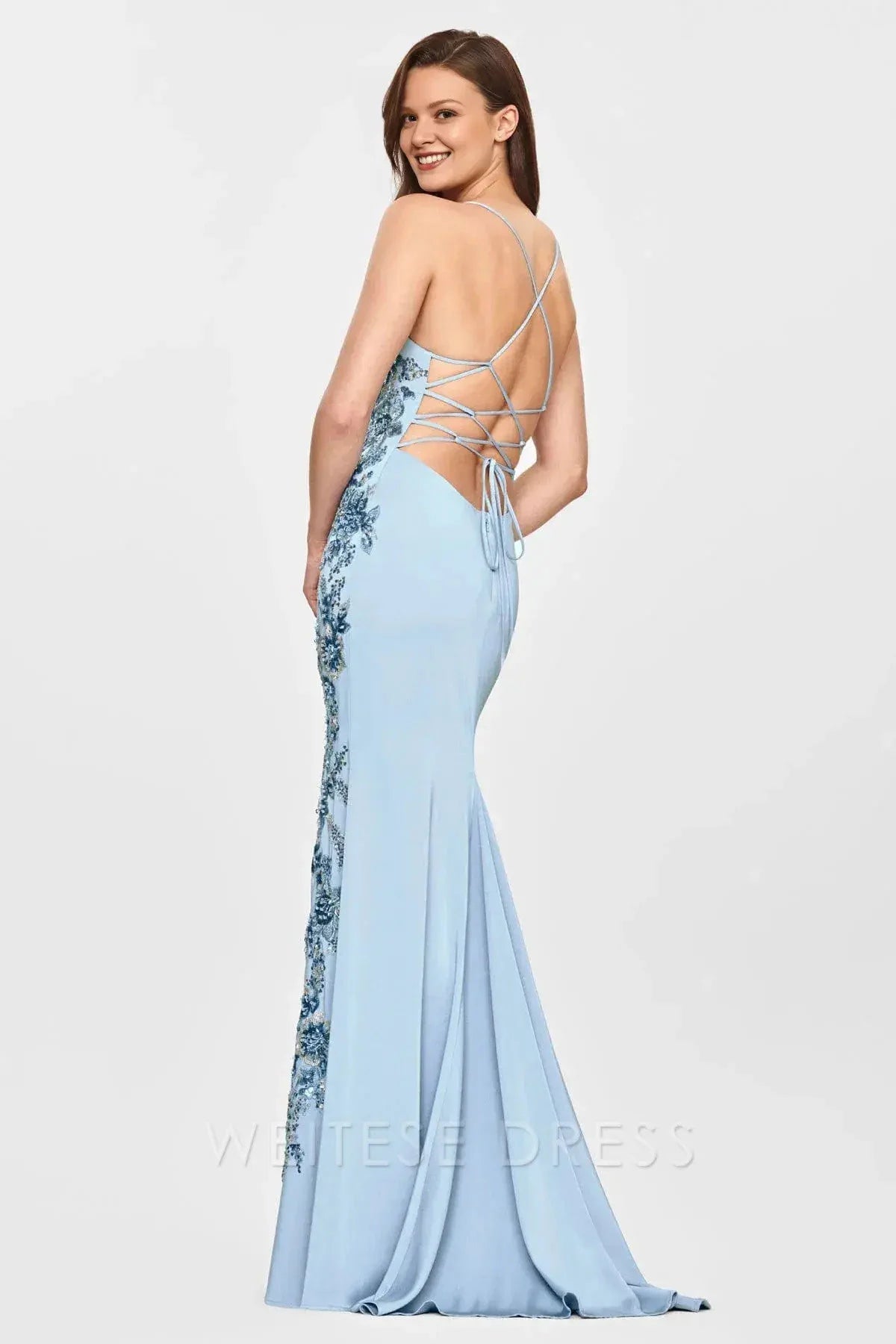 Weitese Dress Light Blue Spaghetti Strap Gown With Floral Embroidery And Mermaid Design Showcasing Opulent Elegance Prom Dress