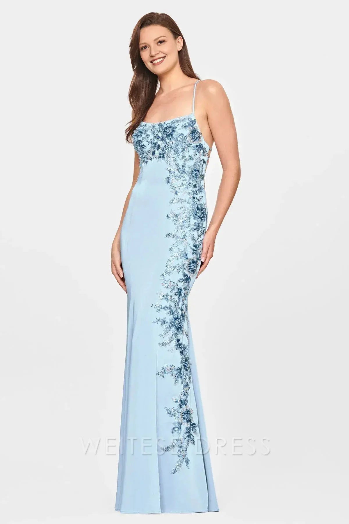 Weitese Dress Light Blue Spaghetti Strap Gown With Floral Embroidery And Mermaid Design Showcasing Opulent Elegance Prom Dress
