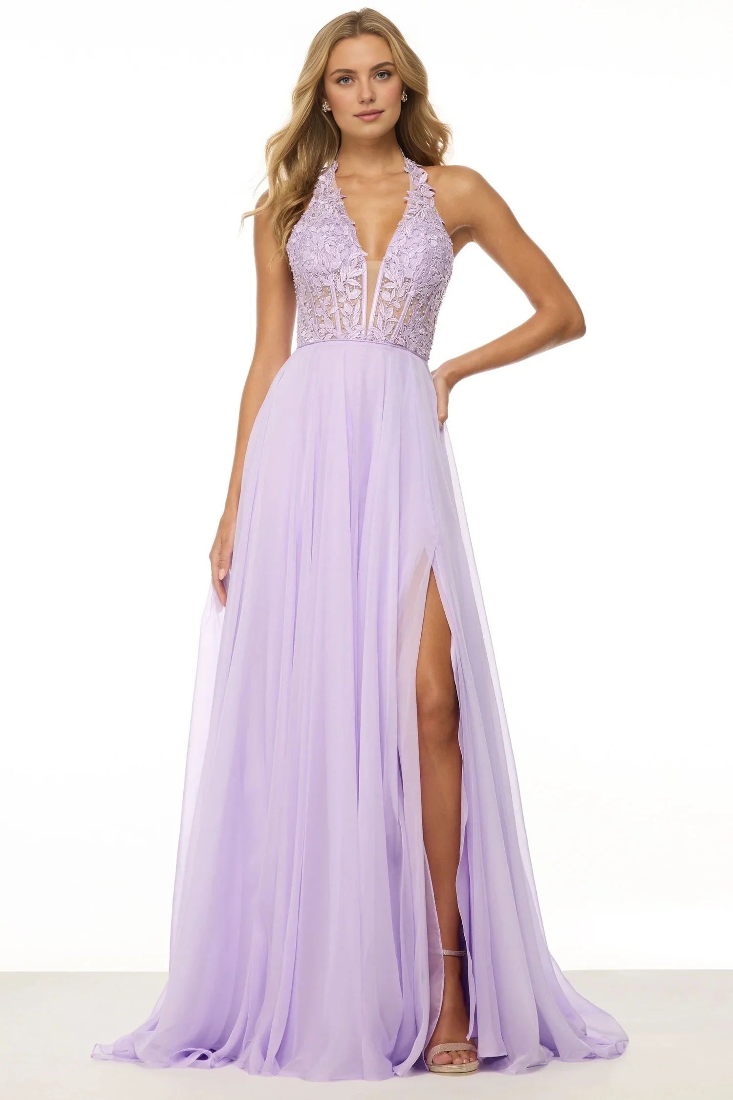 Weitese Dress Lilac Chiffon Halter Gown With Embroidered Bodice And High Slit Prom Dress