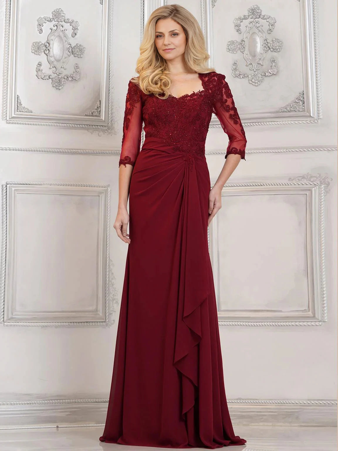 Weitese Dress Mermaid Lace Appliques Long Tulle Evening Gown Formal Dress Backless 3/4 Sleeves Mother of the Bride Dress