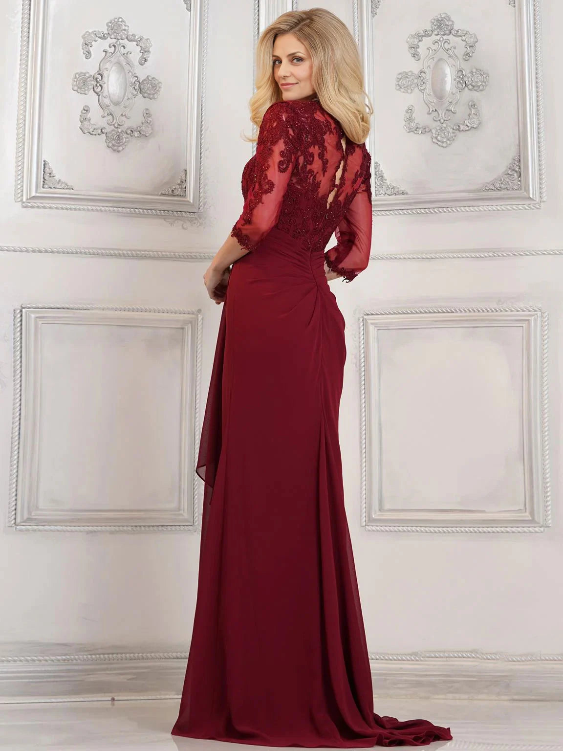 Weitese Dress Mermaid Lace Appliques Long Tulle Evening Gown Formal Dress Backless 3/4 Sleeves Mother of the Bride Dress