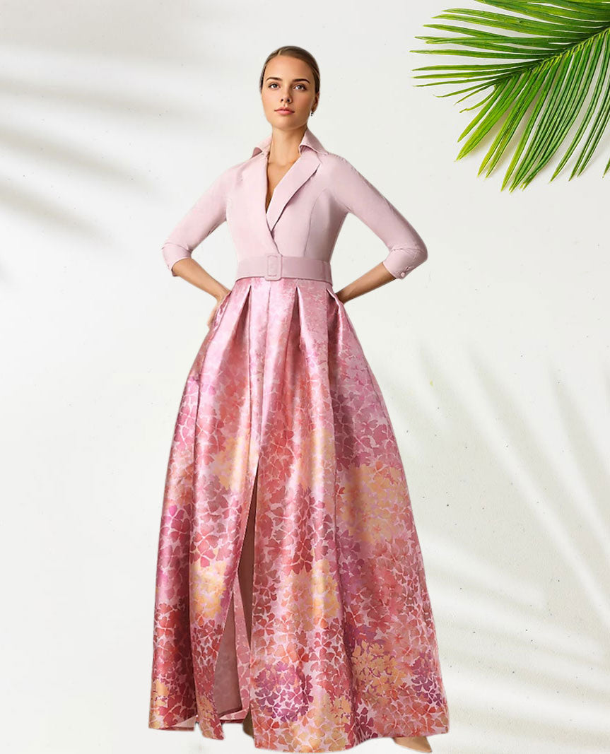 Weitese Dress Pink Blue A-Line Elegant Formal Wedding Floor Length Half Sleeve Shirt Collar Satin With Floral Print Slit Wedding Guest Dress Evening Dress
