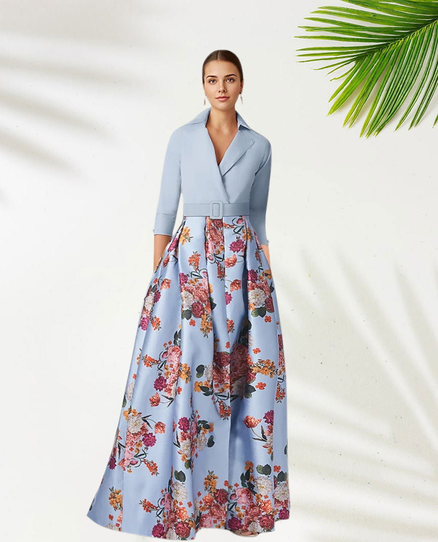 Weitese Dress Pink Blue A-Line Elegant Formal Wedding Floor Length Half Sleeve Shirt Collar Satin With Floral Print Slit Wedding Guest Dress Evening Dress