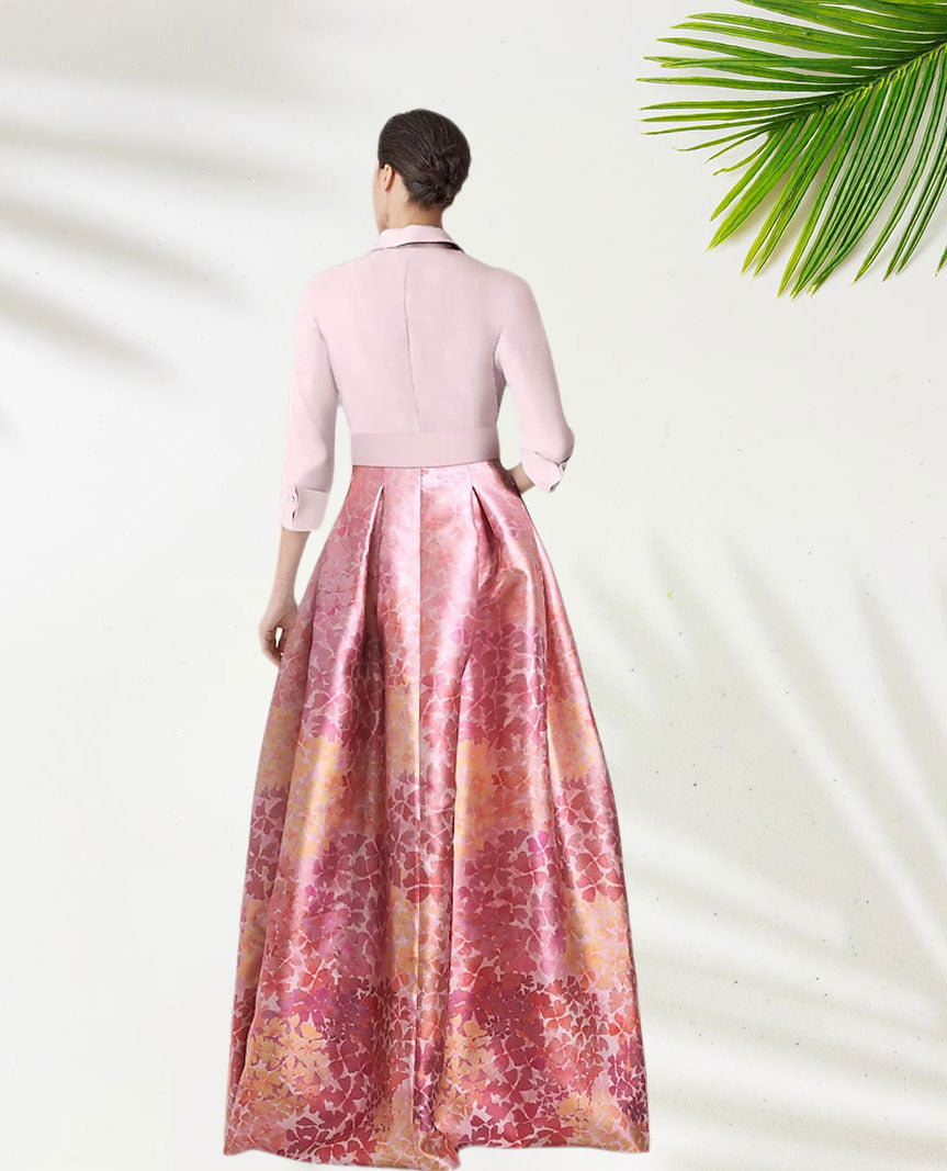 Weitese Dress Pink Blue A-Line Elegant Formal Wedding Floor Length Half Sleeve Shirt Collar Satin With Floral Print Slit Wedding Guest Dress Evening Dress