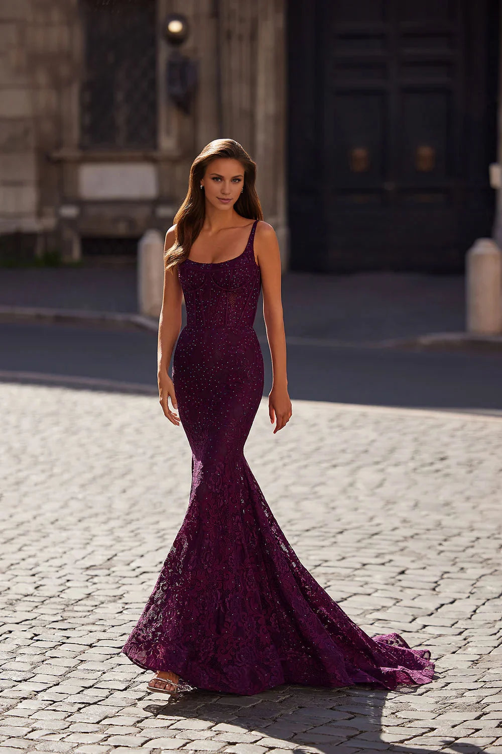 Weitese Dress Plum Lace Gown Spaghetti Straps Square Neck Embellished Bodice And A Mermaid Silhouette Prom Dress
