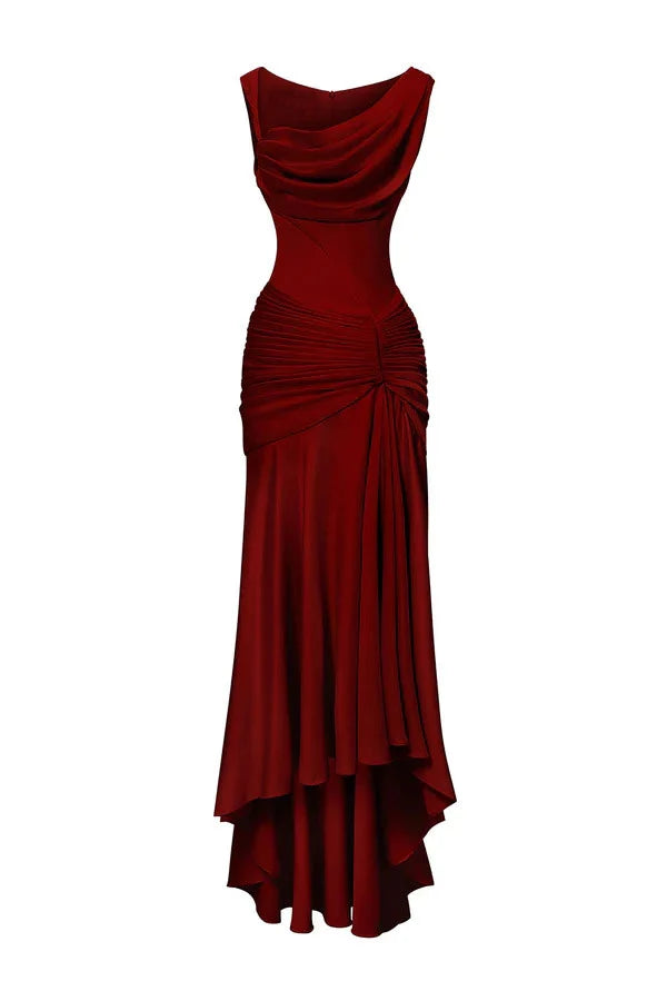 Weitese Dress Sheath Asymmetric Satin Pleats Maxi Dress Sleeveless Elegant Back Full Coverage Prom Dress