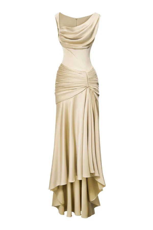 Weitese Dress Sheath Asymmetric Satin Pleats Maxi Dress Sleeveless Elegant Back Full Coverage Prom Dress