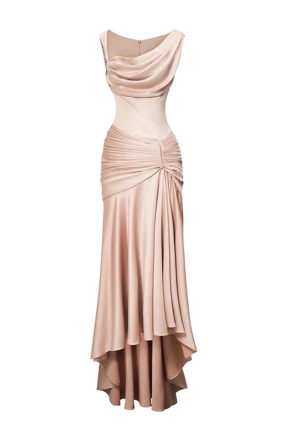 Weitese Dress Sheath Asymmetric Satin Pleats Maxi Dress Sleeveless Elegant Back Full Coverage Prom Dress