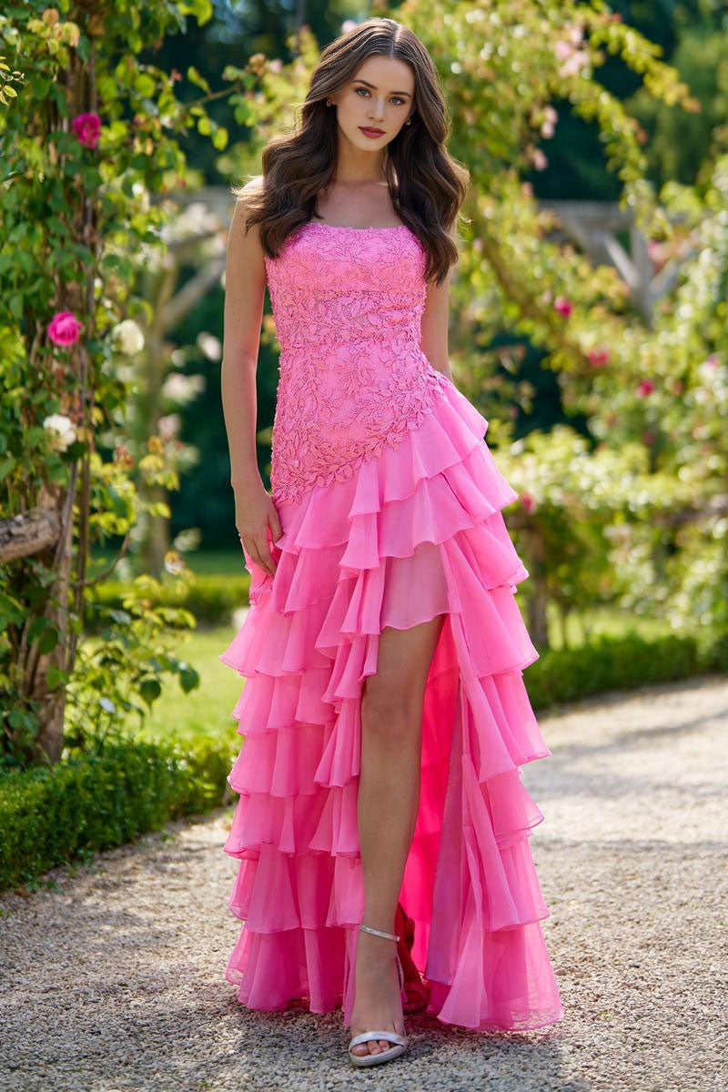 Robe Weitese à bretelles spaghetti, robe de soirée trapèze, robe de bal à plusieurs niveaux sans manches, traîne à balayage/pinceau 