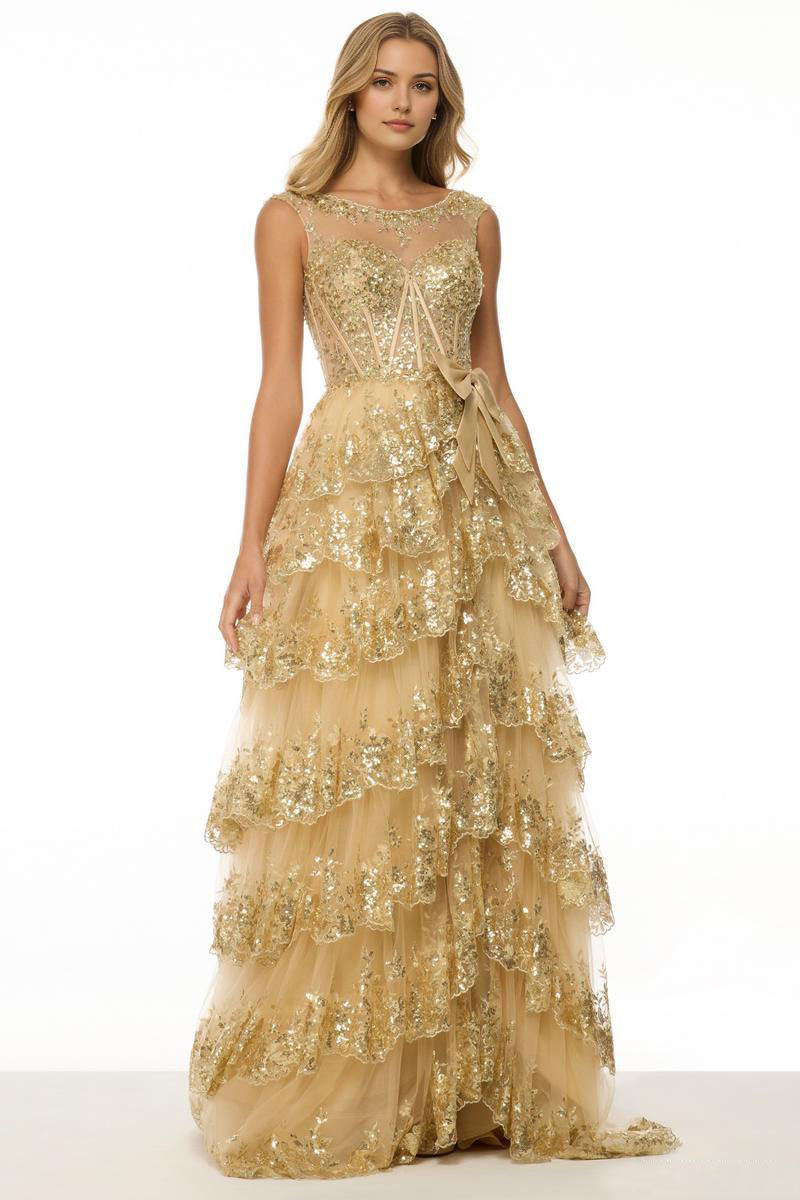 Weitese Dress Sparkle & Shine A-Line Boat Neck Sequins Party Dress Evening Dress Sweep/Brush Train Sleeveless Tiered Prom Dress