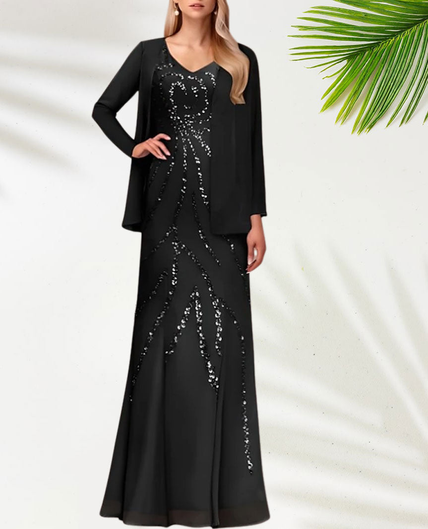 Weitese Dress Two Piece Sheath / Column Dress Suit Elegant Sparkle & Shine V Neck Floor Length Chiffon Sequined Short Sleeve With Sequin Mother of the Bride Dress