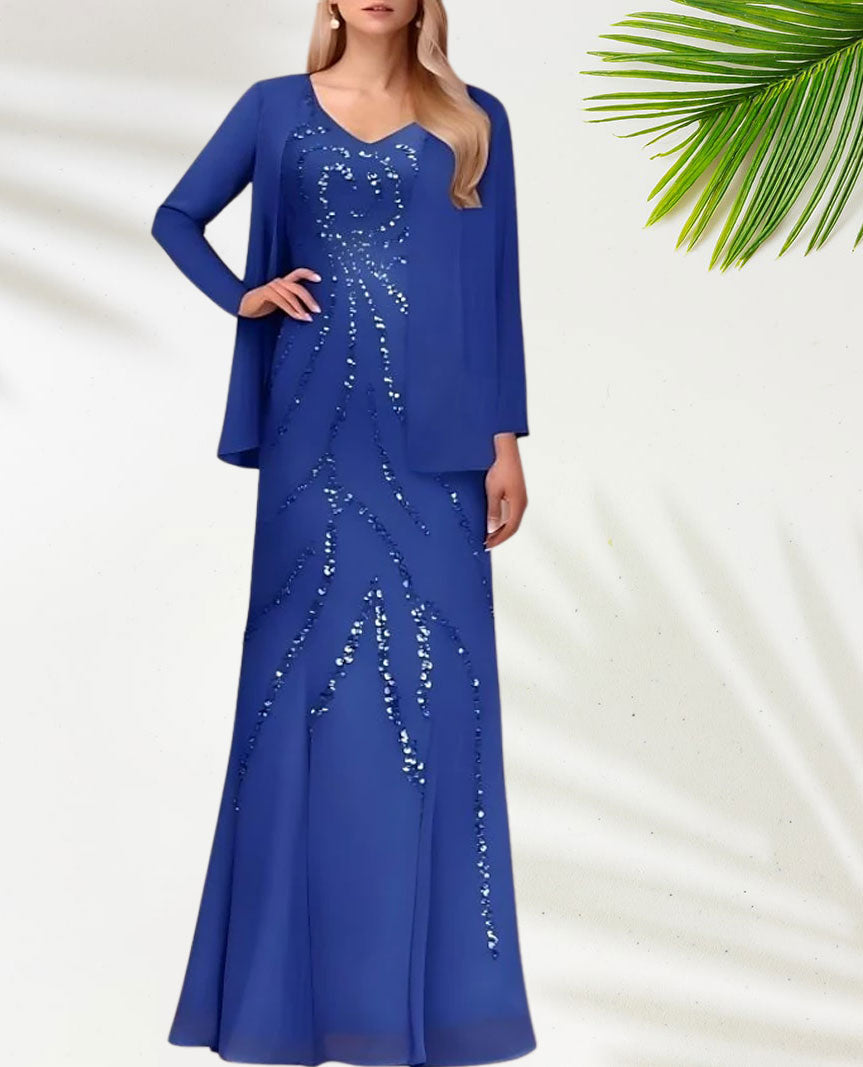 Weitese Dress Two Piece Sheath / Column Dress Suit Elegant Sparkle & Shine V Neck Floor Length Chiffon Sequined Short Sleeve With Sequin Mother of the Bride Dress
